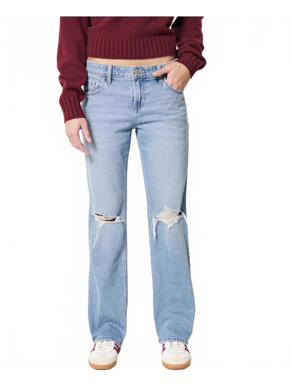 Hollister Long Low-Rise Ripped Medium Wash Relaxed Straight Jeans NWT Size 20L
